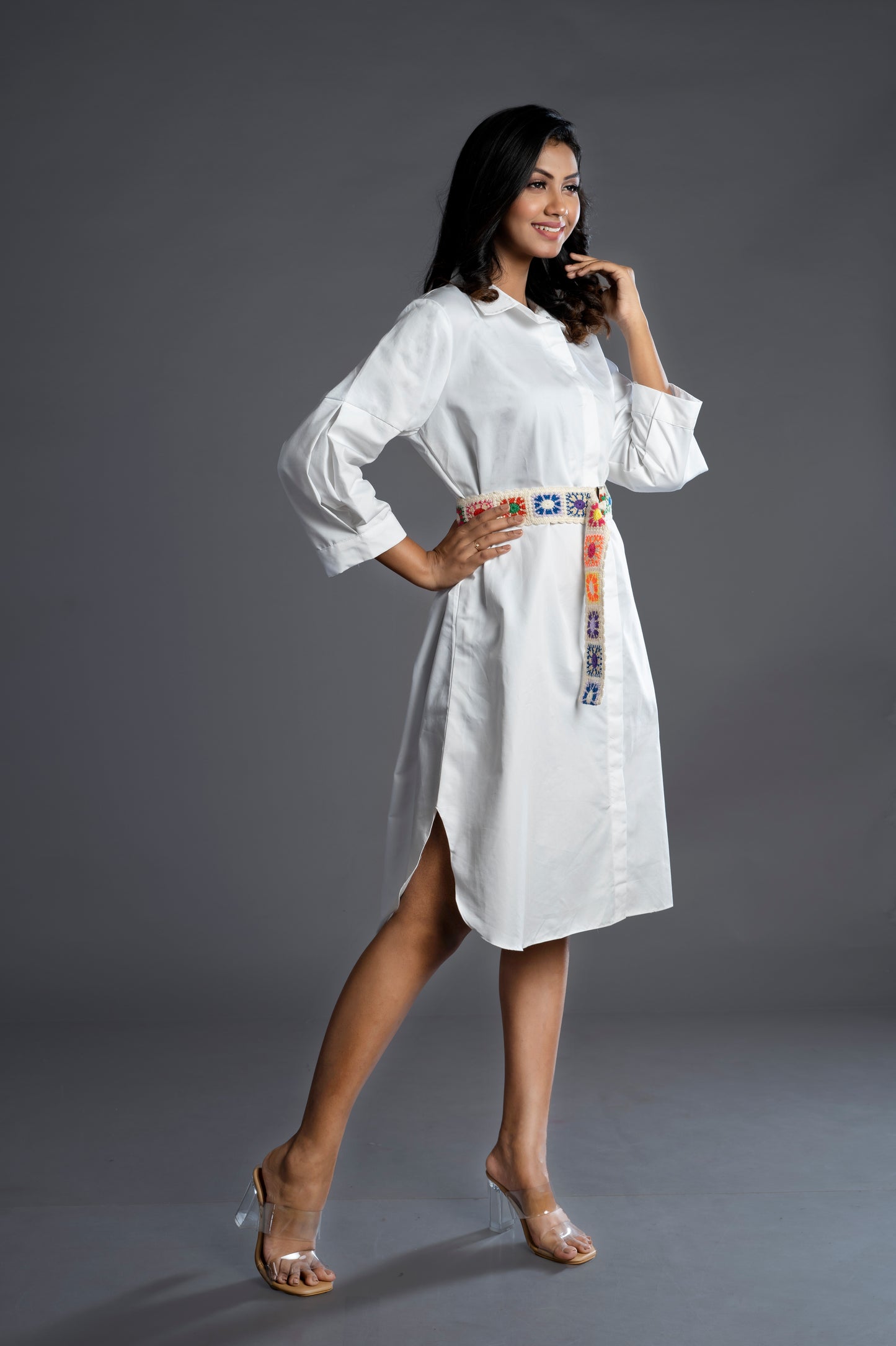 THE WHITE DRESS IS CROCHET BELT