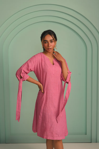 The Pink linen hand-tieup dress