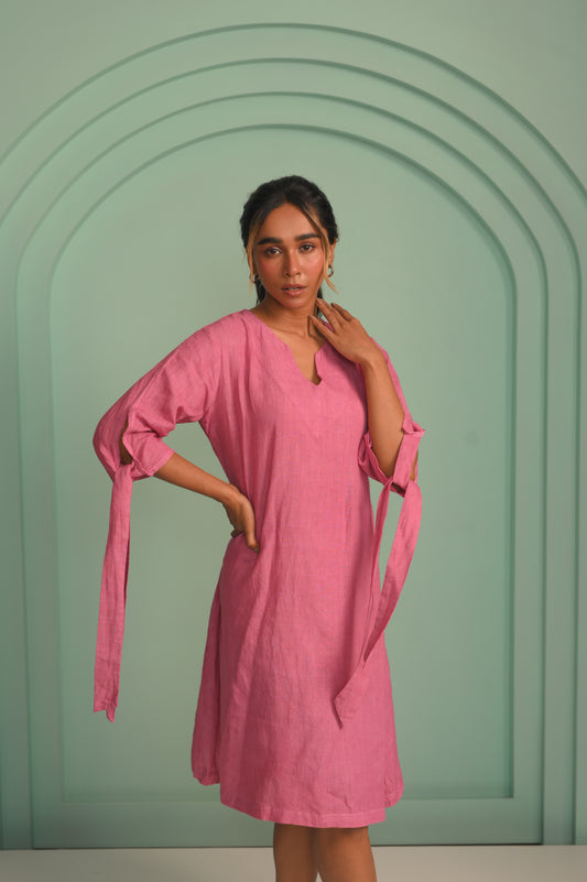 The Pink linen hand-tieup dress